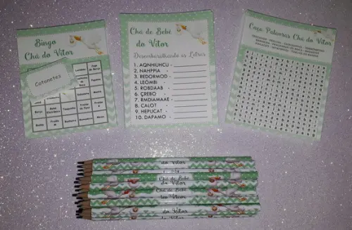 Kit 3 Brincadeiras Chá de Bebê + Lápis Cegonha