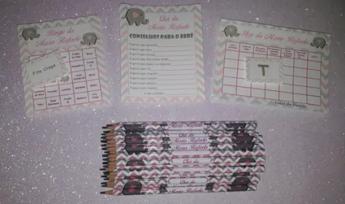 Kit 3 Brincadeiras Chá de Bebê + Lápis Elefantinho