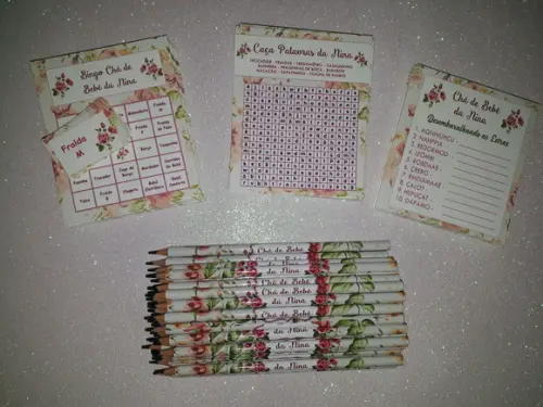Kit 3 Brincadeiras Chá de Bebê + Lápis Floral