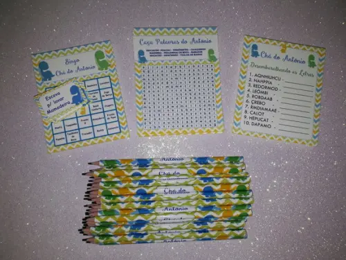 Kit 3 Brincadeiras Chá de Bebê + Lápis Dinossauro