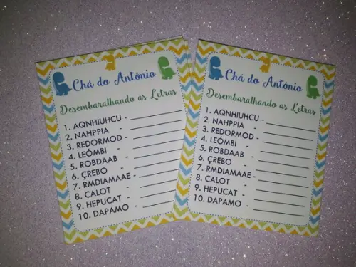 Kit 3 Brincadeiras Chá de Bebê + Lápis Dinossauro