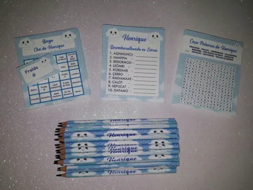 Kit 3 Brincadeiras Chá de Bebê + Lápis Nuvem