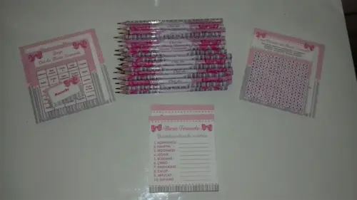 Kit 3 Brincadeiras Chá de Bebê + Lápis Laço