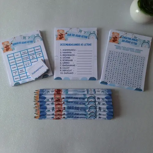Kit 3 Brincadeiras Chá de Bebê + Lápis Ursinho