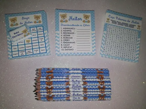 Kit 3 Brincadeiras Chá de Bebê + Lápis Urso