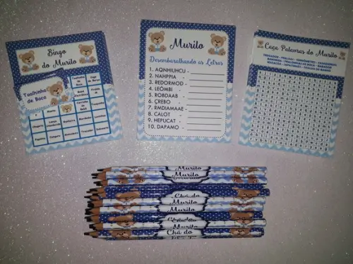 Kit 3 Brincadeiras Chá de Bebê + Lápis Ursinho