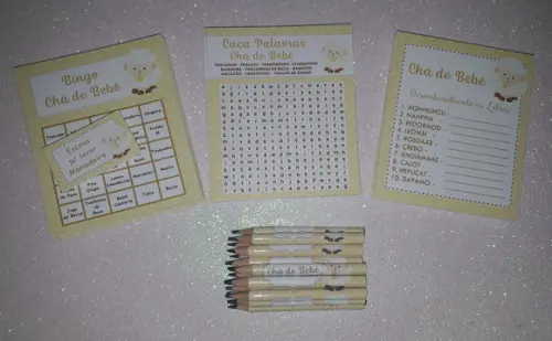 Kit 3 Brincadeiras Chá de Bebê + Mini Lápis Ovelha