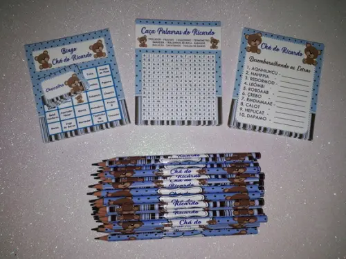 Kit 3 Brincadeiras Chá de Bebê + Lápis Ursinho