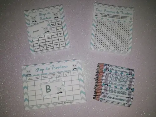 Kit 3 Brincadeiras Chá de Bebê + Mini Lápis Ovelha