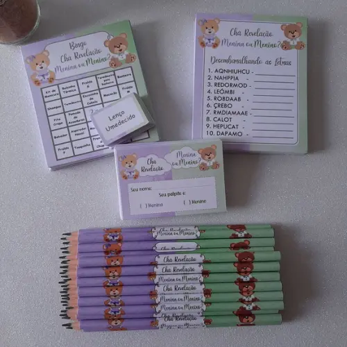 Kit 3 Brincadeiras Chá Revelação + Lápis Ursinhos