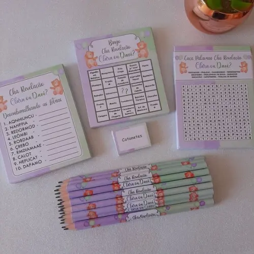 Kit 3 Brincadeiras Chá Revelação + Lápis Ursinhos