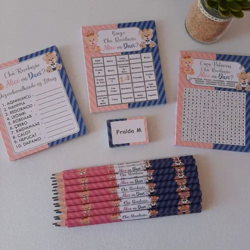 Kit 3 Brincadeiras Chá Revelação + Lápis Ursinhos