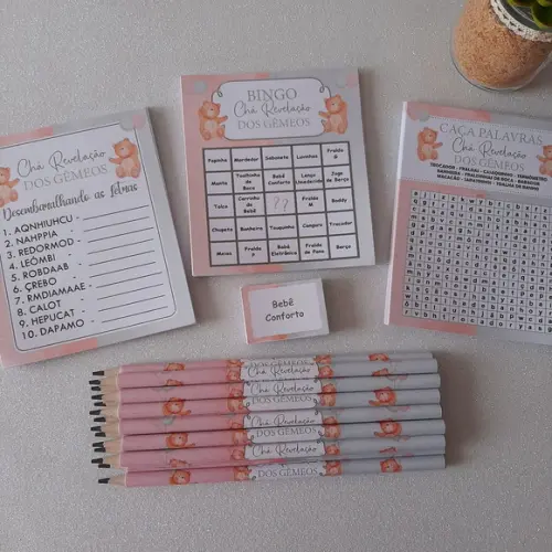 Kit 3 Brincadeiras Chá Revelação + Lápis Ursinhos