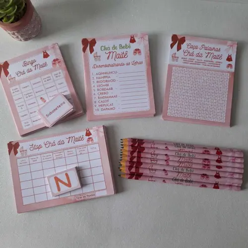 Kit 4 Brincadeiras Chá de Bebê + Lápis Laço