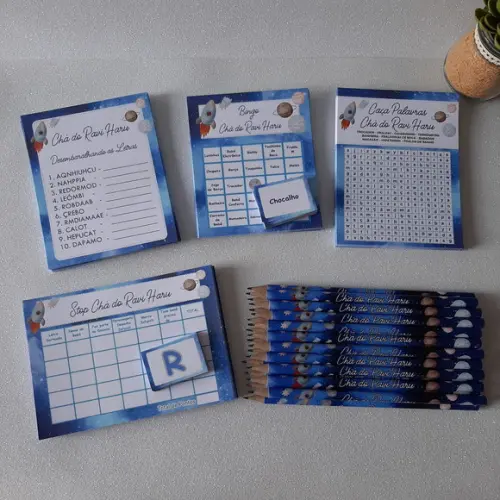 Kit 4 Brincadeiras Chá de Bebê + Lápis Astronauta