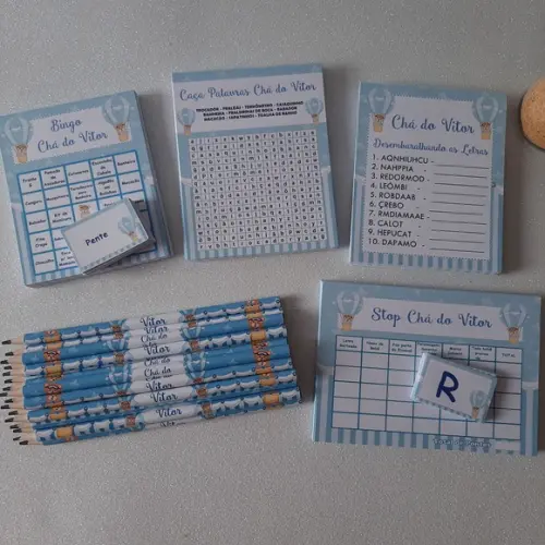 Kit 4 Brincadeiras Chá de Bebê + Lápis Baloeiro