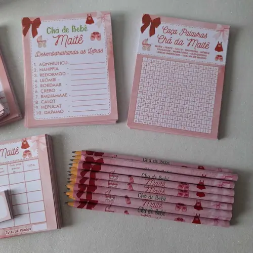 Kit 4 Brincadeiras Chá de Bebê + Lápis Laço