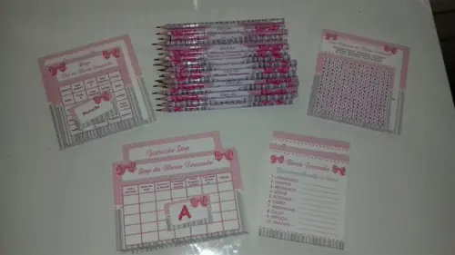 Kit 4 Brincadeiras Chá de Bebê + Lápis Laço