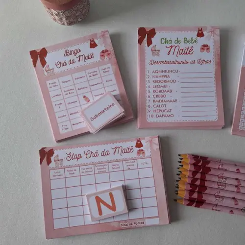 Kit 4 Brincadeiras Chá de Bebê + Lápis Laço