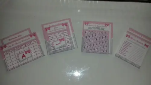Kit 4 Brincadeiras Chá de Bebê + Lápis Laço