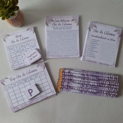 Kit 4 Brincadeiras Chá de Bebê + Lápis Lavanda