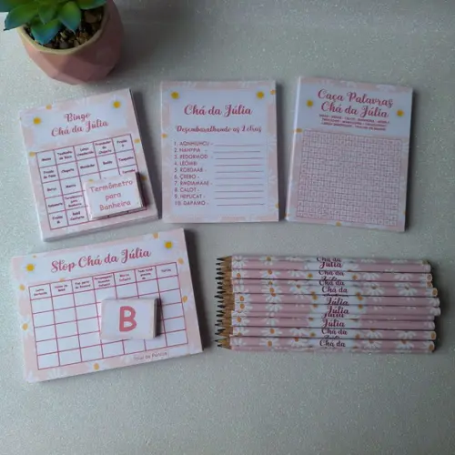 Kit 4 Brincadeiras Chá de Bebê + Lápis Margaridas