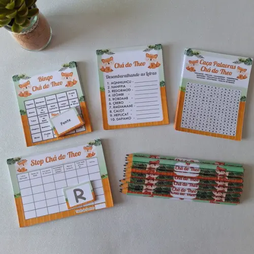 Kit 4 Brincadeiras Chá de Bebê + Lápis Raposa