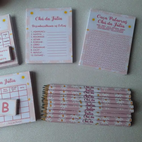 Kit 4 Brincadeiras Chá de Bebê + Lápis Margaridas