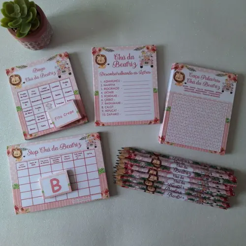 Kit 4 Brincadeiras Chá de Bebê + Lápis Safari Menina