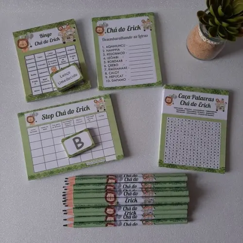 Kit 4 Brincadeiras Chá de Bebê + Lápis Safari