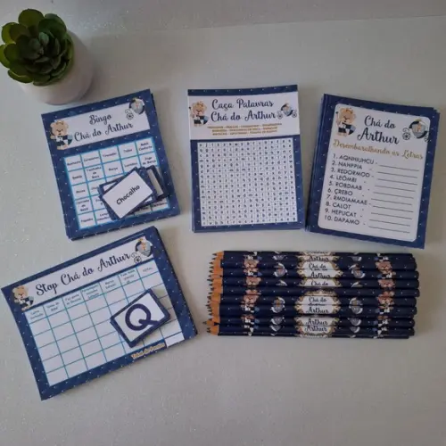 Kit 4 Brincadeiras Chá de Bebê + Lápis Ursinho