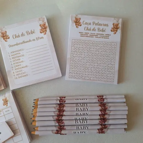 Kit 4 Brincadeiras Chá de Bebê + Lápis Ursinho
