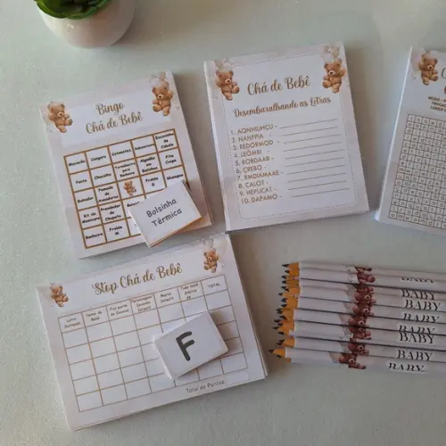 Kit 4 Brincadeiras Chá de Bebê + Lápis Ursinho