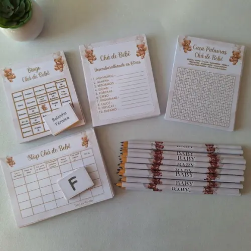 Kit 4 Brincadeiras Chá de Bebê + Lápis Ursinho