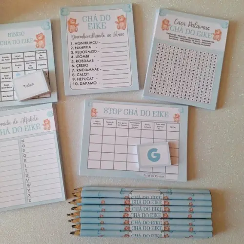 Kit 4 Brincadeiras Chá de Bebê + Lápis Ursinho