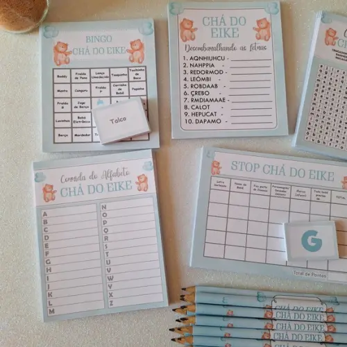 Kit 4 Brincadeiras Chá de Bebê + Lápis Ursinho