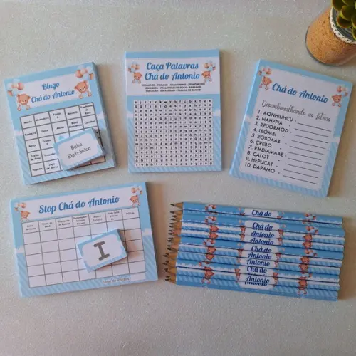 Kit 4 Brincadeiras Chá de Bebê + Lápis Ursinho
