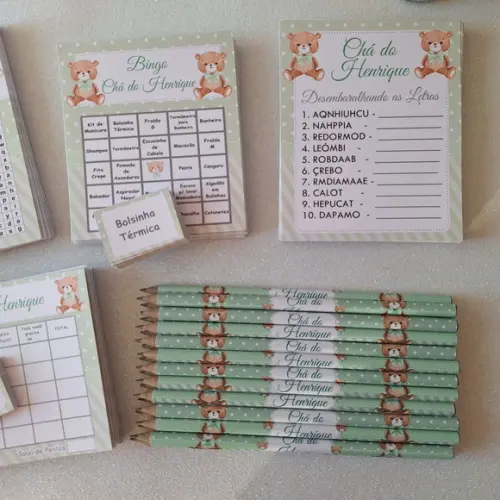 Kit 4 Brincadeiras Chá de Bebê + Lápis Ursinho