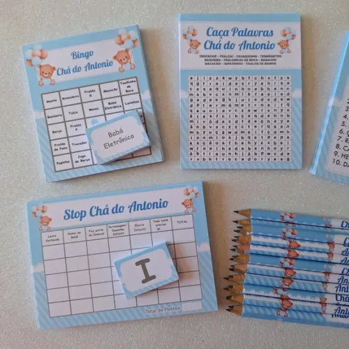 Kit 4 Brincadeiras Chá de Bebê + Lápis Ursinho