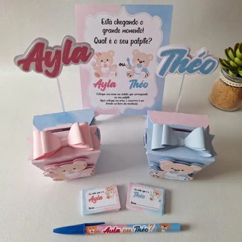 Kit Urna Chá Revelação Ursinhos e 30 Lápis