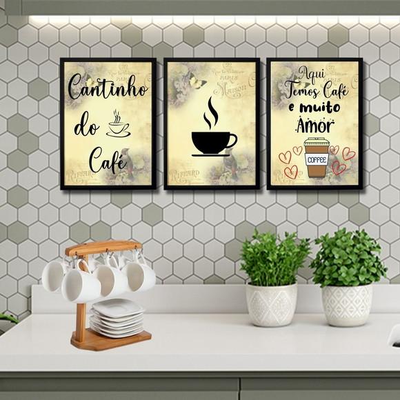 3 Quados Cantinho do Café com Frases Amor Moldura c/ Vidro