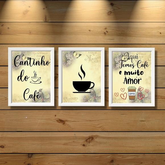 3 Quados Cantinho do Café com Frases Amor Moldura c/ Vidro