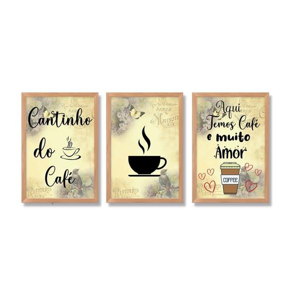 3 Quados Cantinho do Café com Frases Amor Moldura c/ Vidro