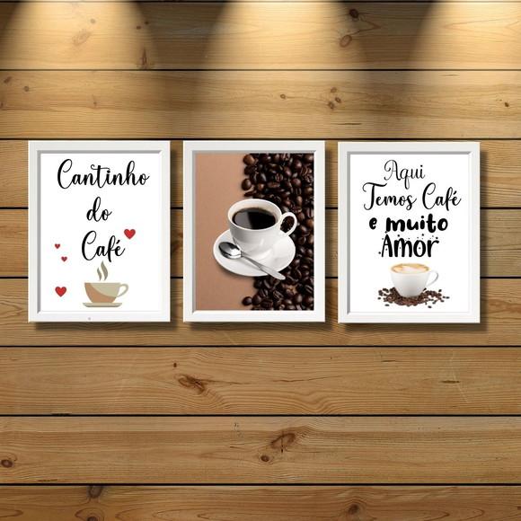 3 Quadrinhos para Cantinho do Café com Frase Café e Amor