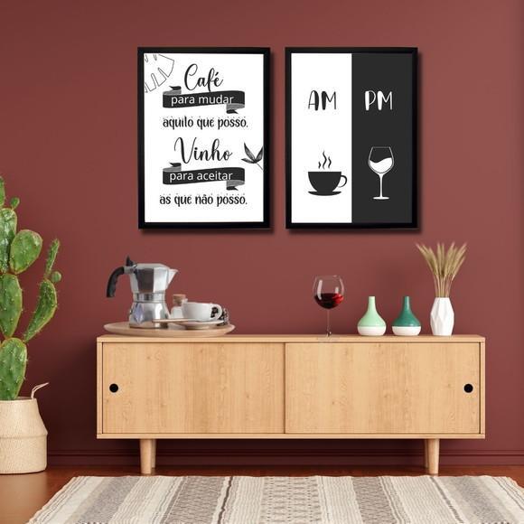 conjunto 2 quadros cantinho do café bar vinho moldura am pm