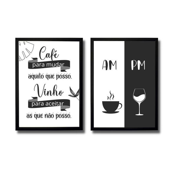 conjunto 2 quadros cantinho do café bar vinho moldura am pm