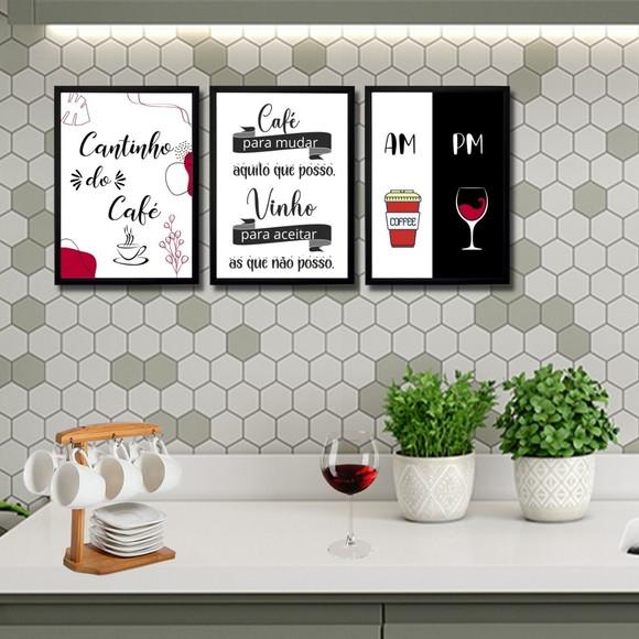 Conjunto 3 Quadros Cantinho do Café Bar Vinho com Moldura