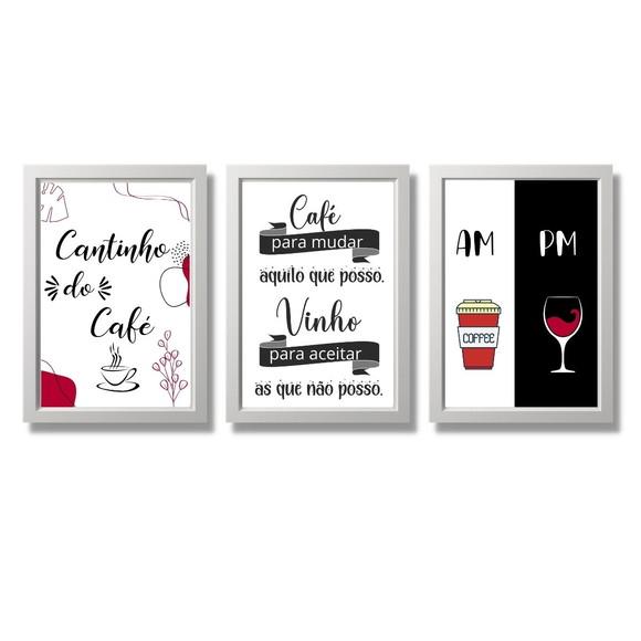 Conjunto 3 Quadros Cantinho do Café Bar Vinho com Moldura