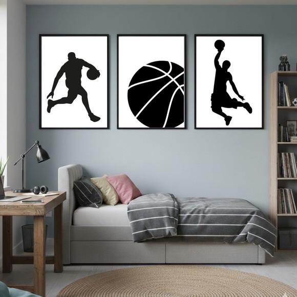 Conjunto Quadros Basquete Moldura de Madeira e Vidro Incolor