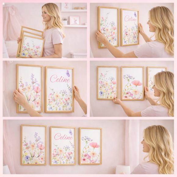 Decoração Parede Quarto Bebê Kit 3 Quadros Menina Flores